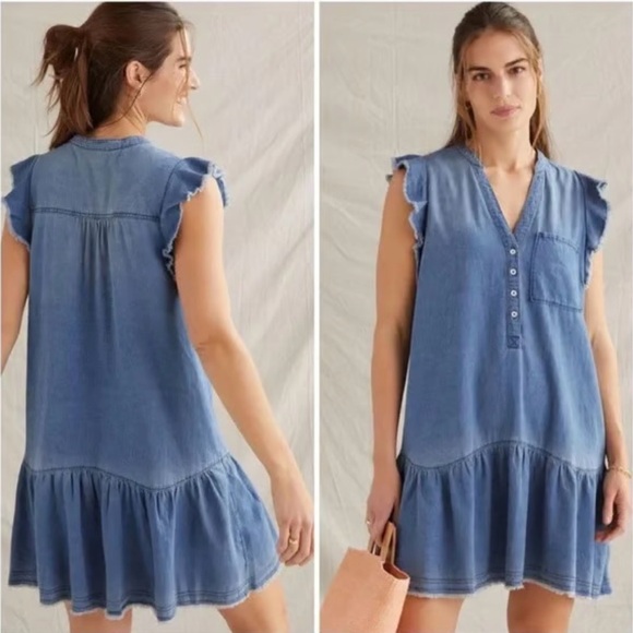 Pilcro Dresses & Skirts - Pilcro Anthorpologie Chambray Smock Shirt Dress Womens Large Ruffle Cottage Boho